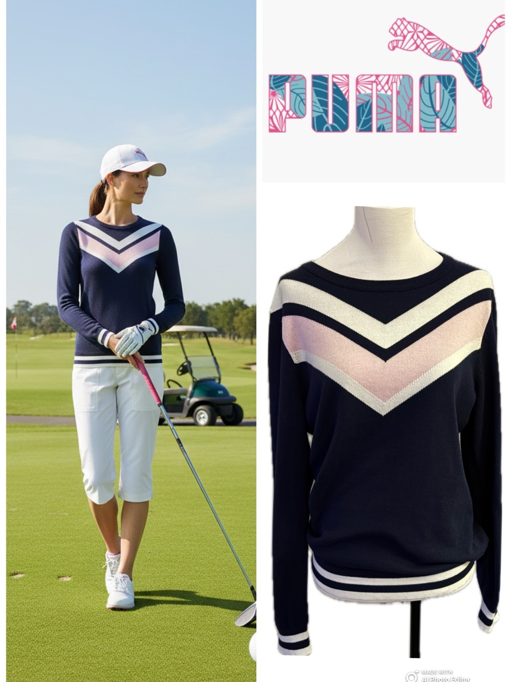 PUMA Golf Women's Chevron Sweater Navy Blue Pink White EUC XL Fits Med